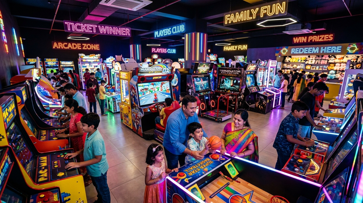 Vibrant arcade gaming zone at PlayVana with families playing