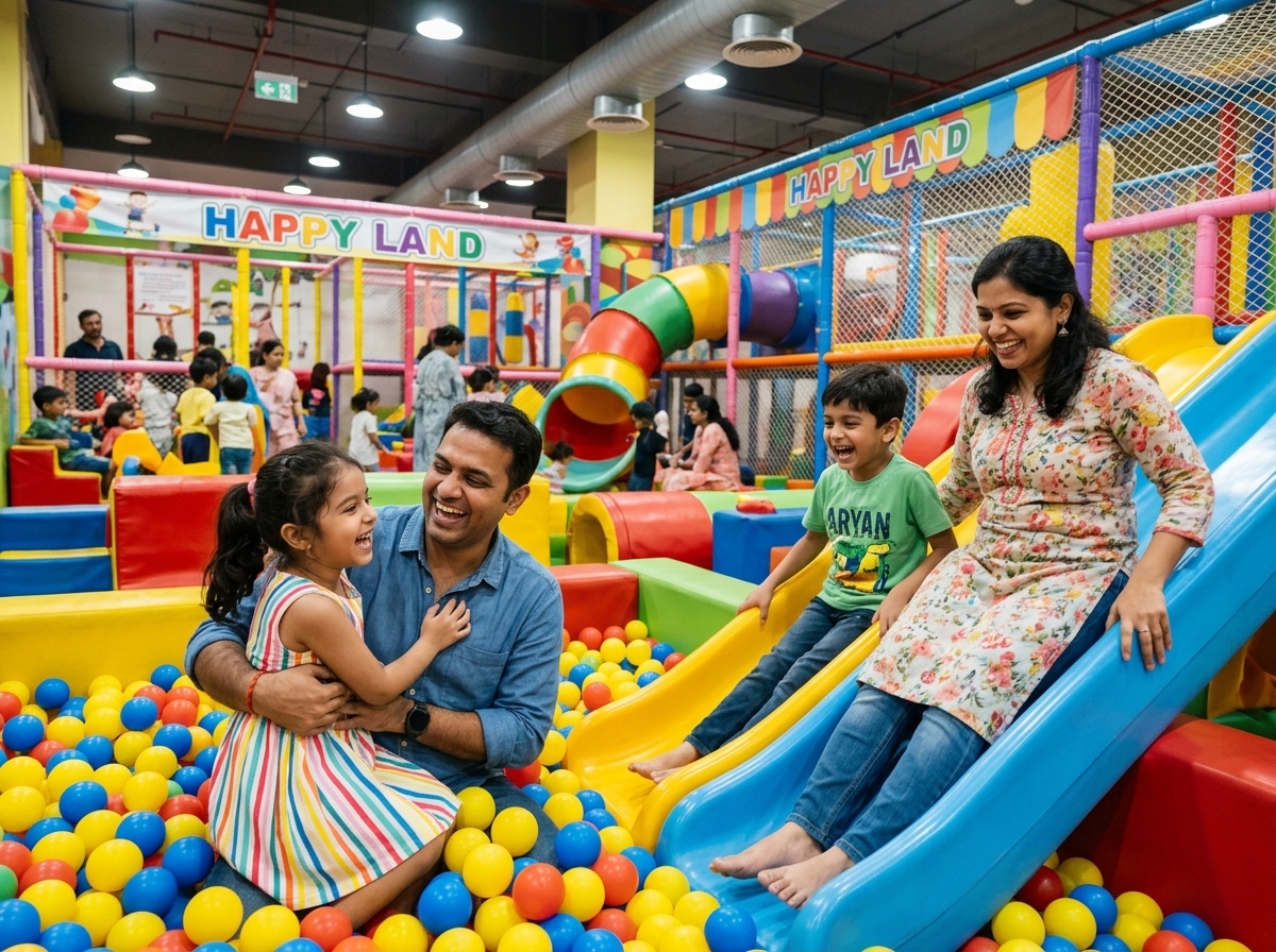 Happy Indian family enjoying PlayVana Family Gaming Center