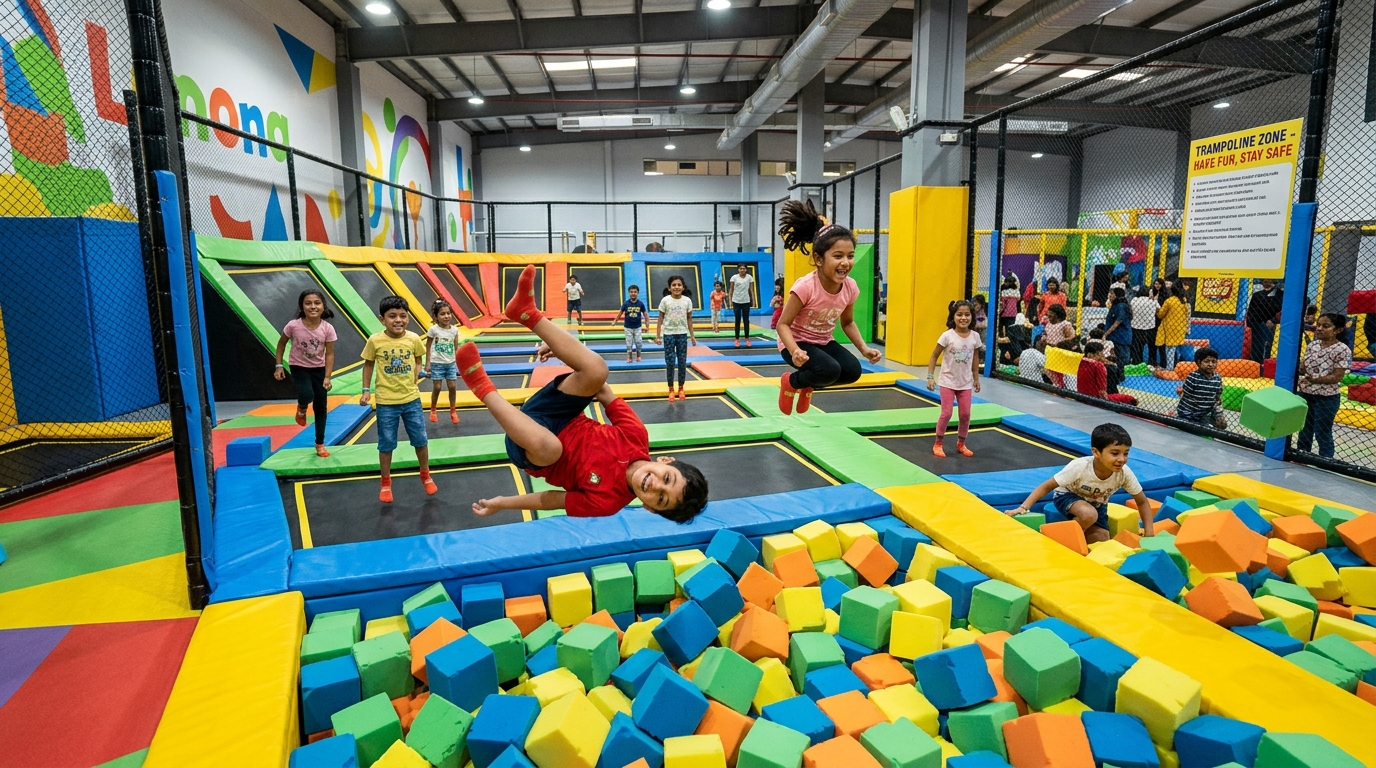 Kids jumping at the indoor trampoline park at PlayVana